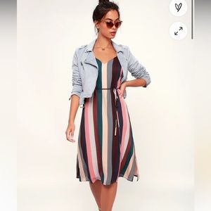 Erina Mauve Multi Stripe Belted Midi Slip Dress